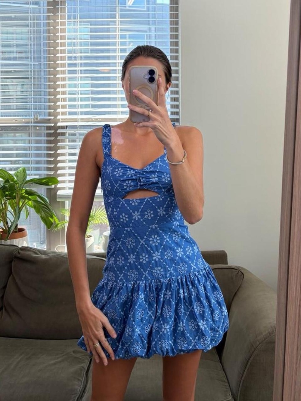 Zara blue embroidered bubble mini dress